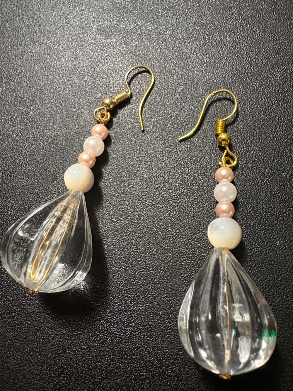 Clear Teardrop Glass Bead Dangle Earrings with Pink Accents